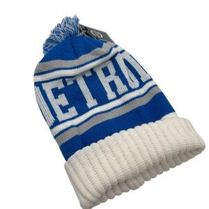 NEW Detroit Pom Beanie Hat OS Blue White Striped Winter Knit Lions Football Gift
